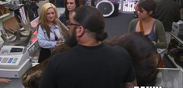  Cuties earn some money by sharing a cock in the pawnshop